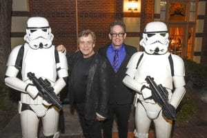 Celebrities Mark Hamill, center left, and and Tom Kenny, center right, pose with Star Wars Storm Troopers after the live pledge auction during the NAI Gala, Thursday, May 9, 2015. (USC Photo/Gus Ruelas)