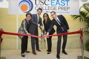 (left to right) USC Dean Karen Gallagher, Principal Drew Goltermann, USC trustee and USC East College Prep donor Lydia H. Kennard and USC Provost Michael Quick cut the ribbon during the opening and dedication of East College Prep in Los Angeles, Tuesday, October 20, 2015.(USC Photo/Gus Ruelas)