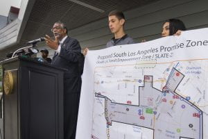 Los Angeles City Councilman Curren D. Price, Jr. speaks during the announcement of The South Los Angeles Transit Empowerment Zone or Promise Zone a federal program created by President Obama through the U.S. Department of Housing and Urban Development (HUD) with the goal of addressing challenges in geographic areas of deep and persistent poverty, Monday, June 6, 2016.(USC Photo/Gus Ruelas)